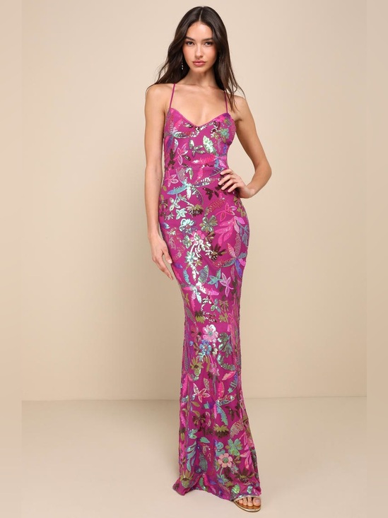 Lulus Dresses & Skirts - LuLus Magenta Iridescent Sequin Lace-Up Maxi Dress